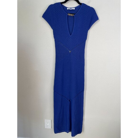 Zara Womens Small Blue Sheer Pointelle Knit Chain Midi Dress Short Sleeve - Picture 2 of 9